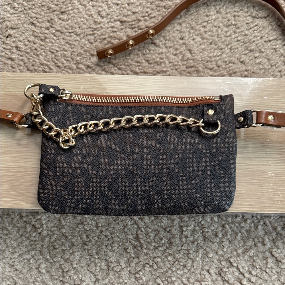 Brown Monogram Crossbody Bag with Gold Chain
